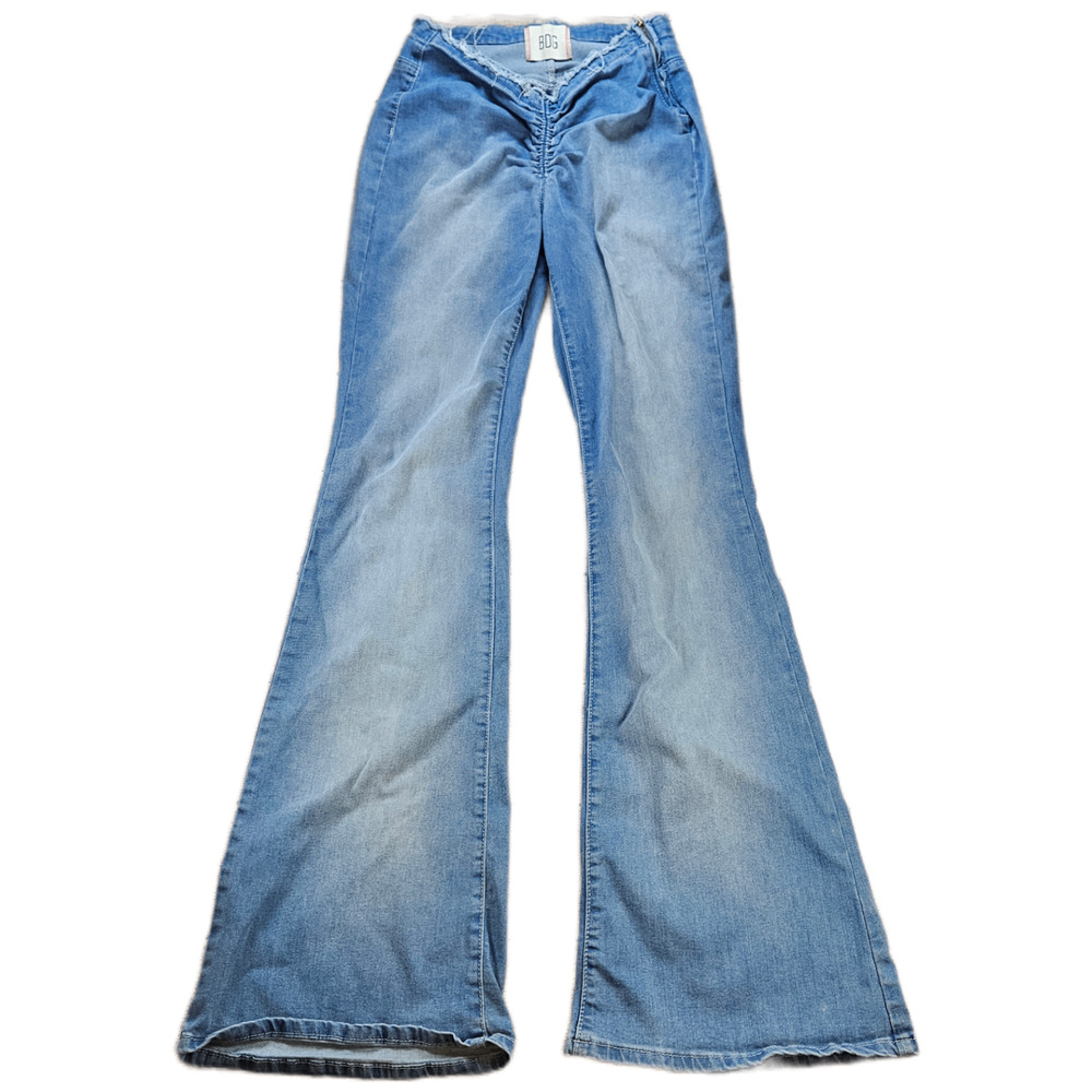 BDG Women's Blue Jeans Side Zip Size 29 High Waist Flare Leg Ruched Stretch